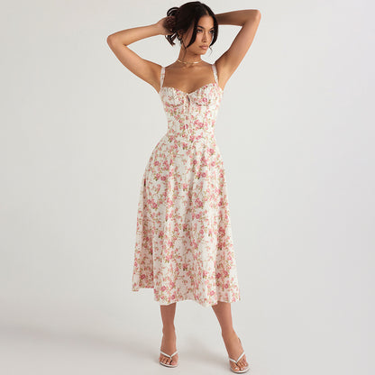 Backless Floral Halter Midi Dress