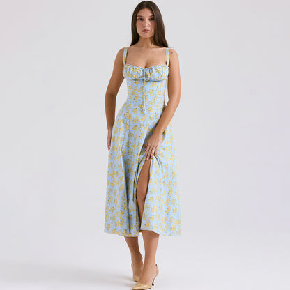 Backless Floral Halter Midi Dress