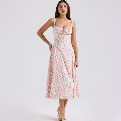 Backless Floral Halter Midi Dress