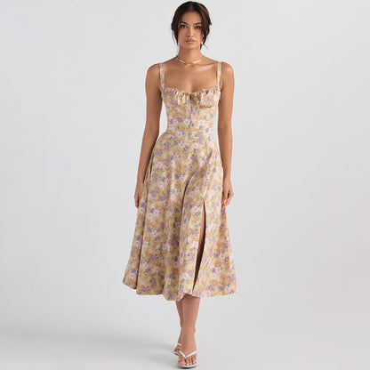Backless Floral Halter Midi Dress